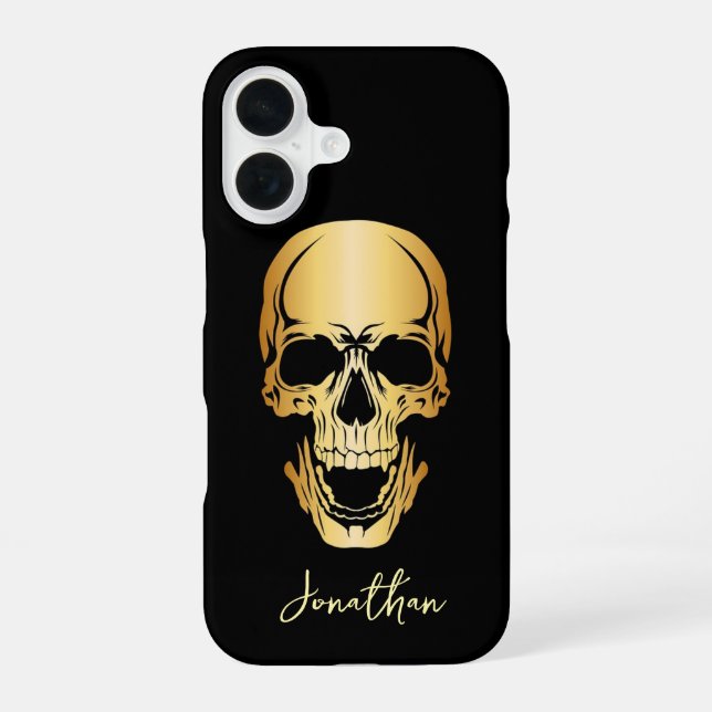 Edgy  Black & Gold Skull Pattern Custom Name Iphone Case (Back)