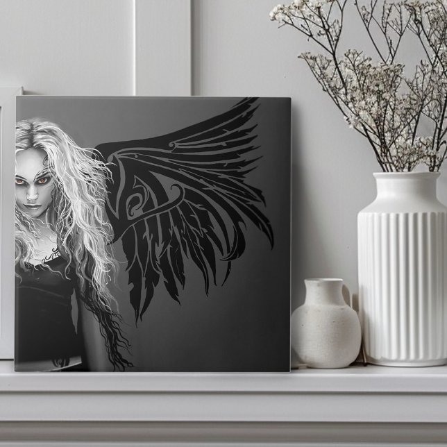 Edgy Black Tribal Fallen Angel Red Eyes Gothic  Ceramic Tile (Creator Uploaded)