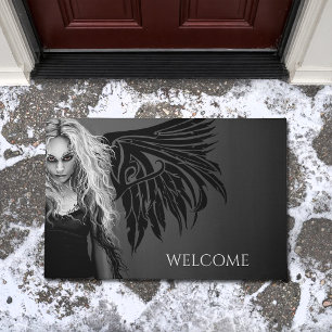 Edgy Black Tribal Fallen Angel Red Eyes Gothic Doormat