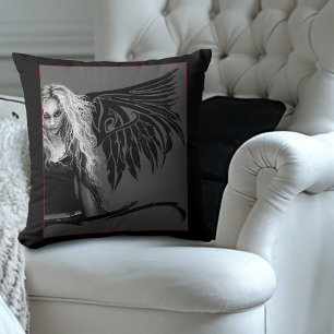 Edgy Black Tribal Fallen Angel Red Eyes Gothic Throw Pillow