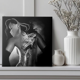 Edgy Black White Tattooed Dragon Woman Ceramic Tile