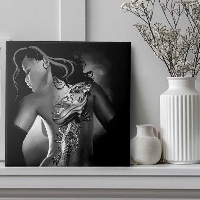 Edgy Black  White Tattooed Dragon Woman Ceramic Tile (Creator Uploaded)