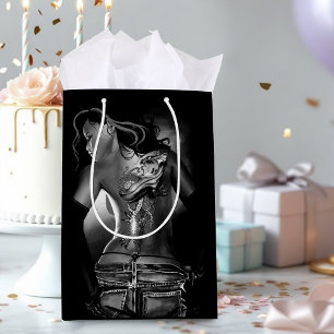Edgy Black  White Tattooed Dragon Woman Medium Gift Bag