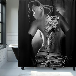Edgy Black White Tattooed Dragon Woman Shower Curtain