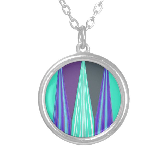 Edgy Blue Purple Cyan Chevron Art Print Silver Plated Necklace (Front)