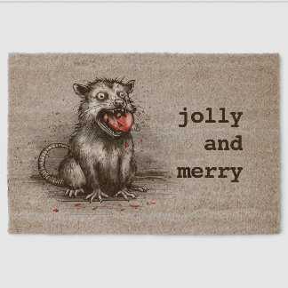 Edgy Christmas Trash Opossum Chewing Glass Bauble Fiber Doormat