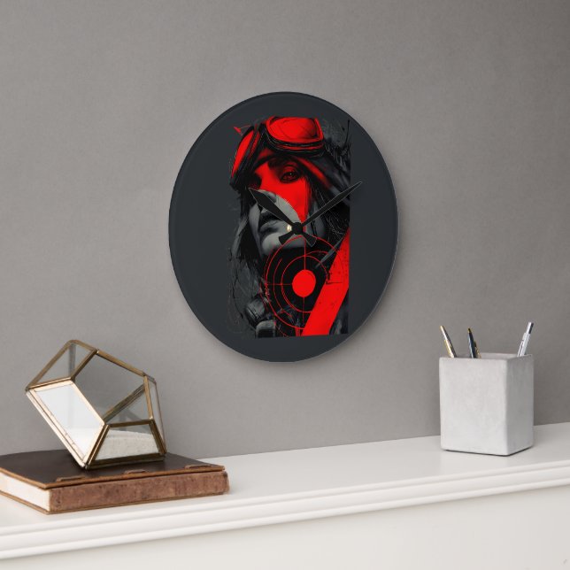 Edgy Cyberpunk Dystopian Girl Red Target Large Clock (Office)