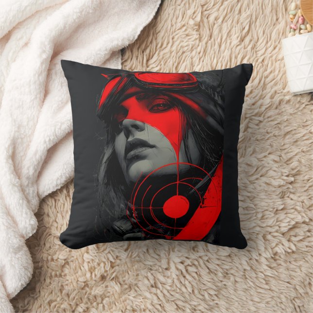 Edgy Cyberpunk Dystopian Girl Red Target Throw Pillow (Blanket)