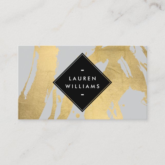 Edgy Faux Gold Brushstrokes on Gray Business Card (Front)