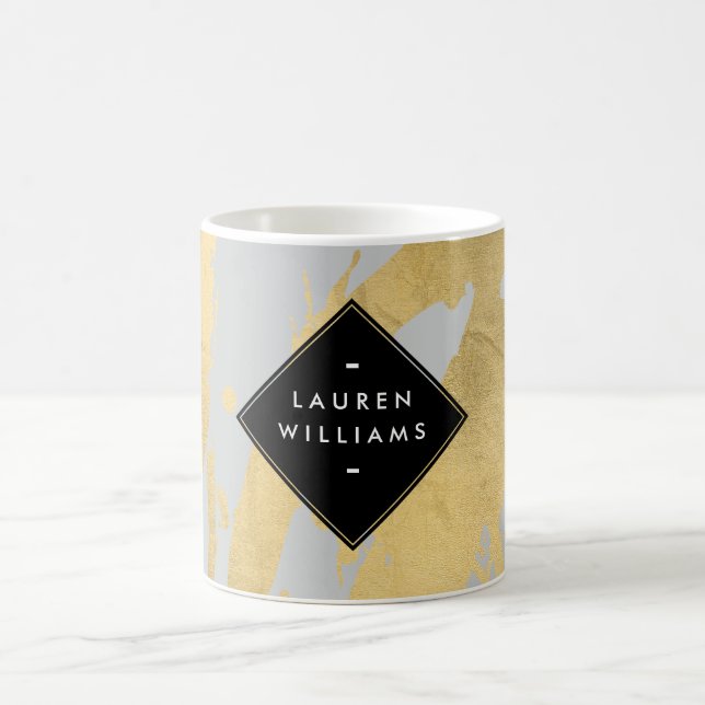 Edgy Faux Gold Brushstrokes on Gray Coffee Mug (Center)