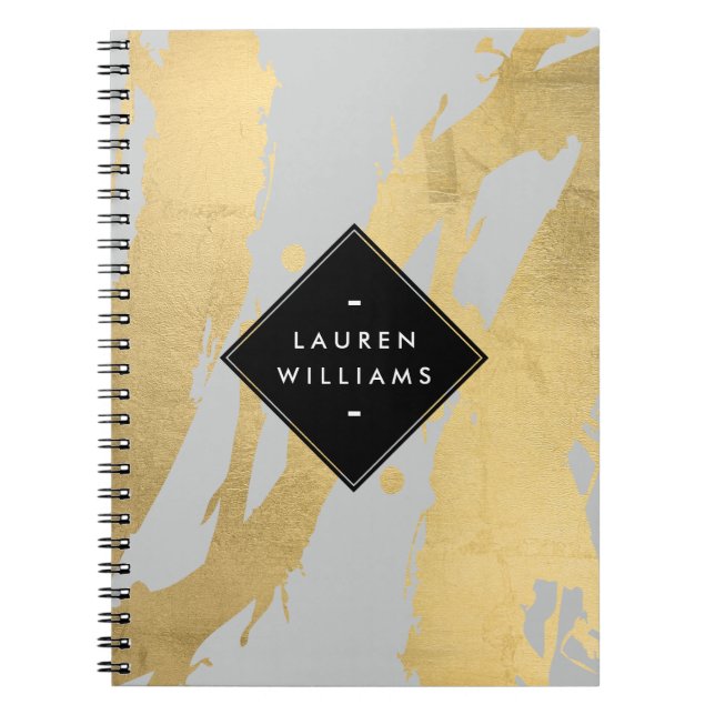 Edgy Faux Gold Brushstrokes on Gray Notebook (Front)