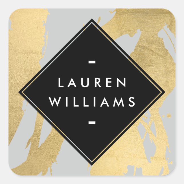 Edgy Faux Gold Brushstrokes on Gray Square Sticker (Front)