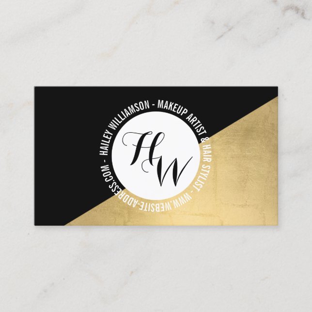 Edgy Geometric Circle Monogram Logo Gold/Black Business Card (Front)