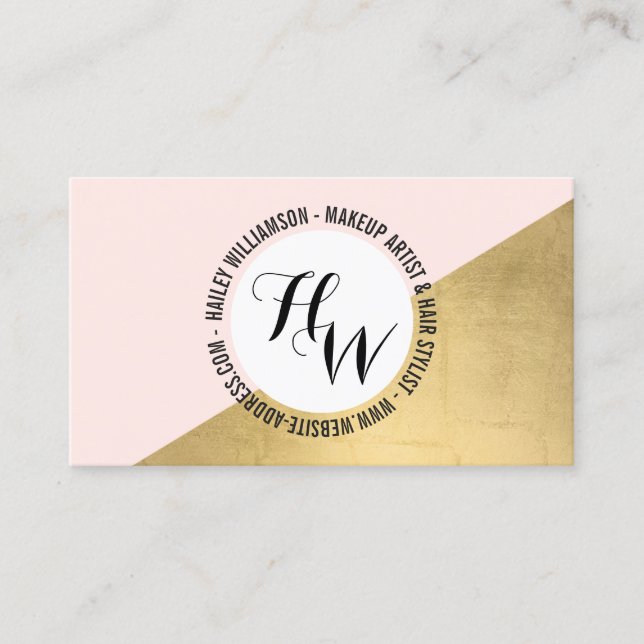 Edgy Geometric Circle Monogram Logo Gold/Pink Business Card (Front)