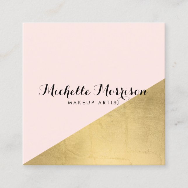 Edgy Geometric Faux Gold Foil and Pink Color Block Square Business Card (Front)