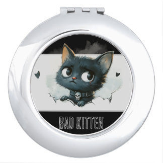 Edgy Kitten Illustration - "Bad Kitten" Text Compact Mirror