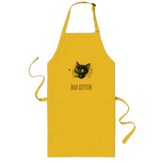 Edgy Kitten Illustration - "Bad Kitten" Text Long Apron (Front)