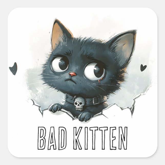 Edgy Kitten Illustration - "Bad Kitten" Text Square Sticker (Front)