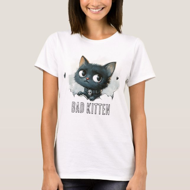Edgy Kitten Illustration - "Bad Kitten" Text T-Shirt (Front)