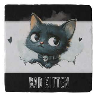 Edgy Kitten Illustration - "Bad Kitten" Text Trivet