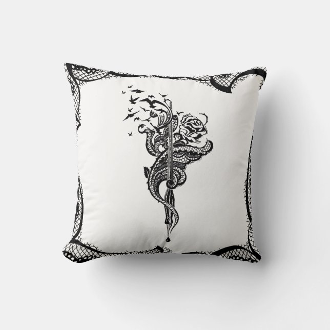 Edgy Lace Pen, Rose & Birds illustration Throw Pillow (Front)