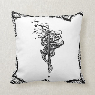 Edgy Lace Pen, Rose & Birds illustration Throw Pillow