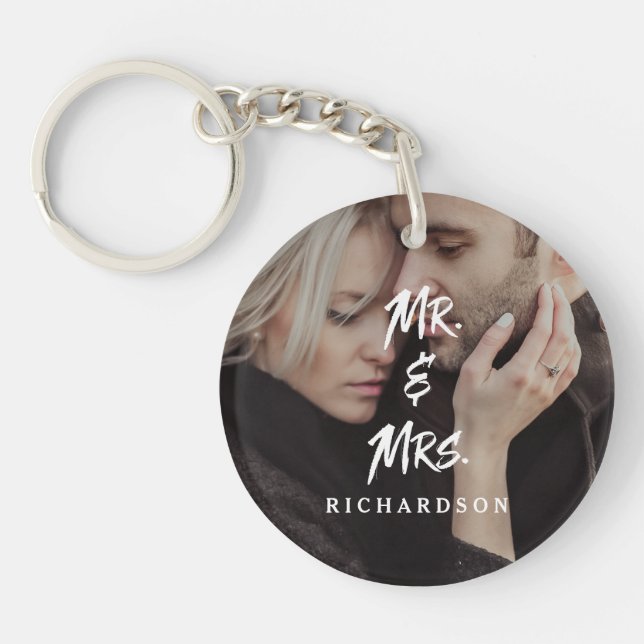Edgy Modern Typography | Mr and Mrs with Photo Keychain (Front)