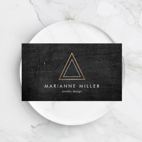 Edgy Rose Gold Triangle Logo on Black Wood Business Card