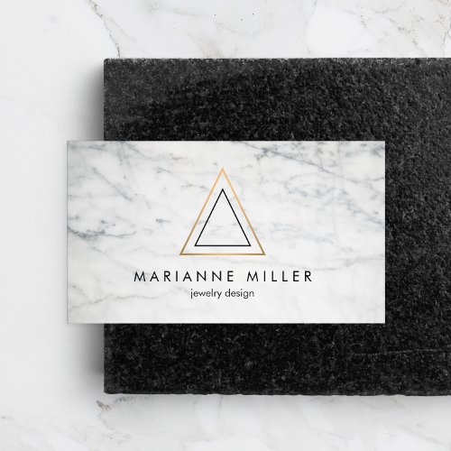 Edgy Rose Gold Triangle Logo White Marble Business Card