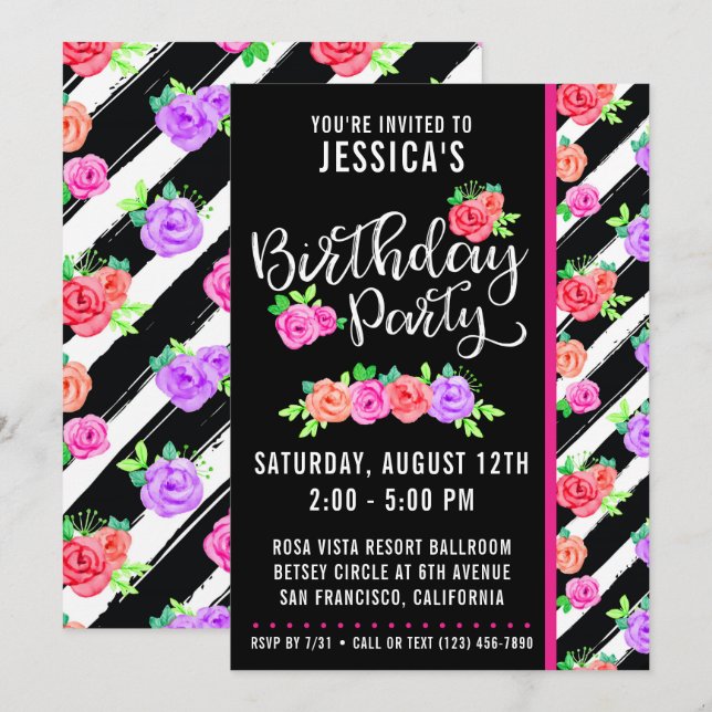 Edgy Roses & Modern Stripes Birthday Invitation (Front/Back)