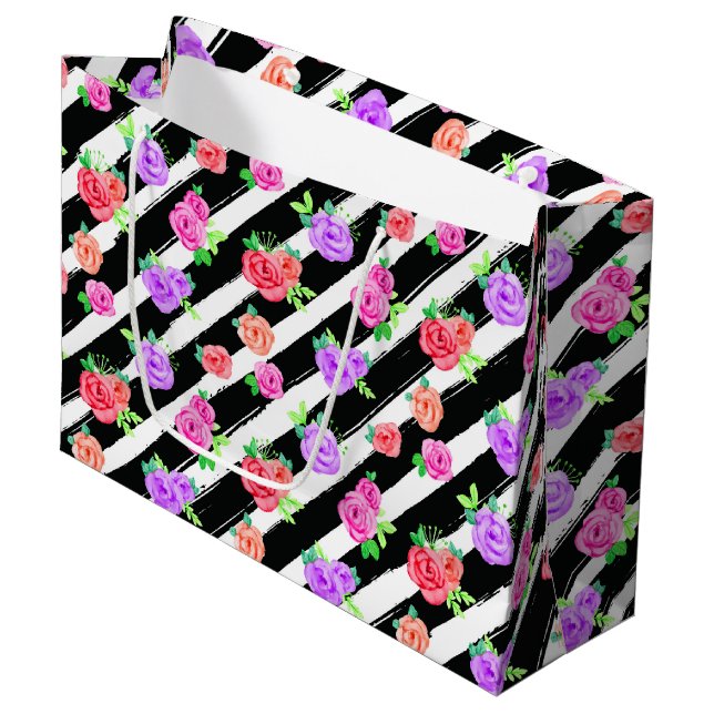 Edgy Roses & Modern Stripes Floral Fashion Party Large Gift Bag (Front Angled)