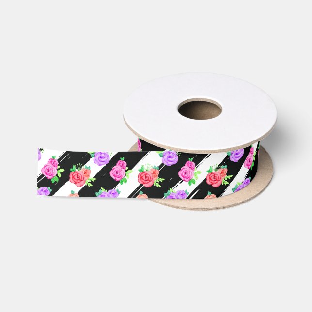 Edgy Roses & Modern Stripes Floral Fashion Party Satin Ribbon (Spool)