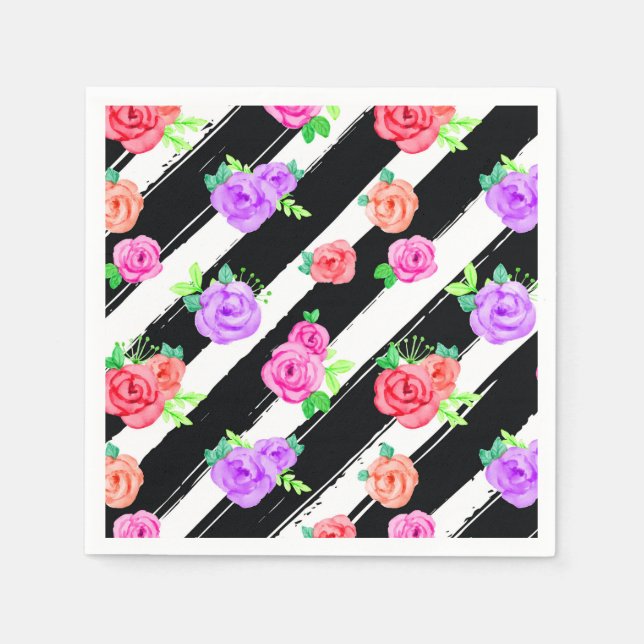 Edgy Roses & Modern Stripes Trendy Birthday Party Napkins (Front)