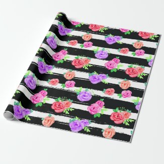 Edgy Roses & Modern Stripes Trendy Birthday Party Wrapping Paper