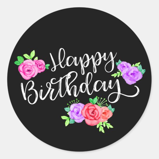 Edgy Roses & Modern Stripes Trendy Happy Birthday Classic Round Sticker ...