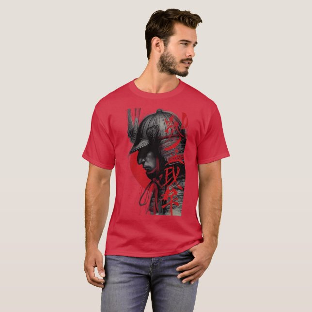 Edgy Samurai Warrior Japanese Ink Art Red Sun T-Shirt (Front Full)
