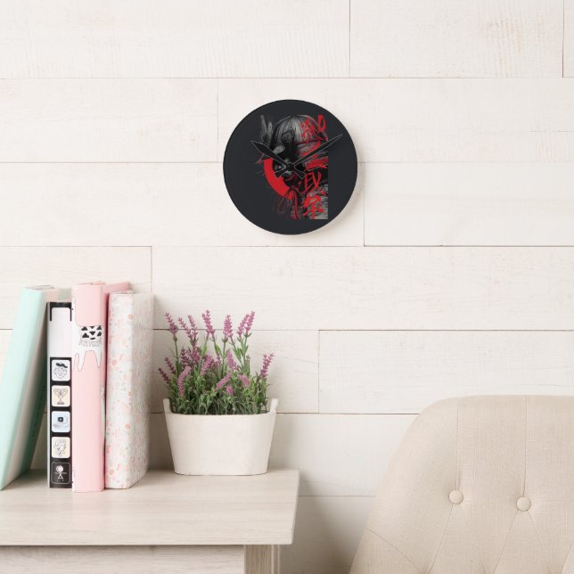 Edgy Samurai Warrior Japanese Ink Red Sun Round Clock (Reading Room)