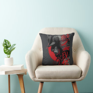 Edgy Samurai Warrior Japanese Ink Red Sun Throw Pillow