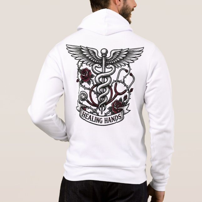 Edgy Tattoo Nurse Skull & Healing Hands Caduceus  Hoodie (Back)
