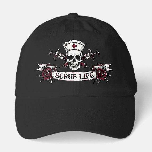 Edgy Tattoo Skull Nurse Scrub Life  Hat (Front)