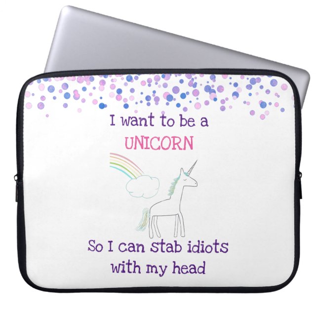 Edgy Unicorn with Rainbow and Confetti Funny Laptop Sleeve (Front)