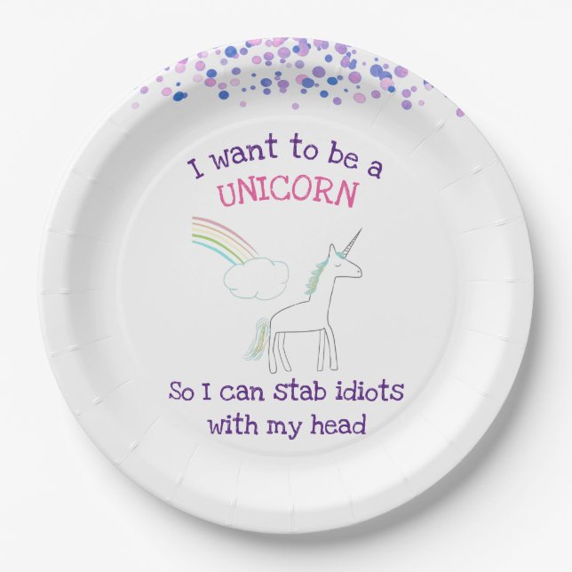 Edgy Unicorn with Rainbow and Confetti Funny Paper Plates (Front)