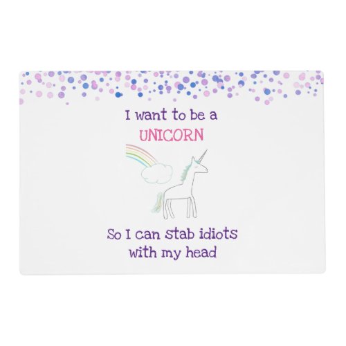 Edgy Unicorn with Rainbow and Confetti Funny Placemat