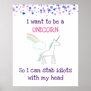 Edgy Unicorn with Rainbow and Confetti Funny Poster