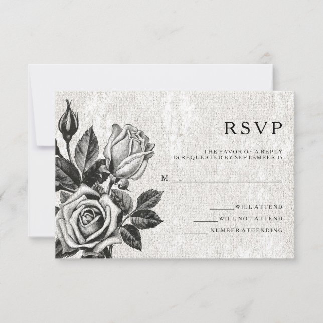 Edgy Victorian Roses Black and White RSVP Invitation (Front)