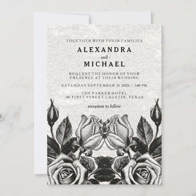 Edgy Victorian Roses Black and White Wedding Invitation (Front)