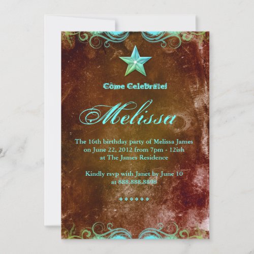 Western Sweet 16 Invitation Blue Brown Star