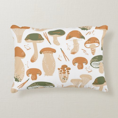Edible Mushrooms Linocut Vintage Pattern Accent Pillow