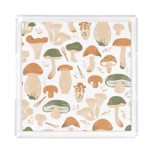 Edible Mushrooms Linocut Vintage Pattern Acrylic Tray