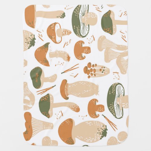 Edible Mushrooms Linocut Vintage Pattern Baby Blanket